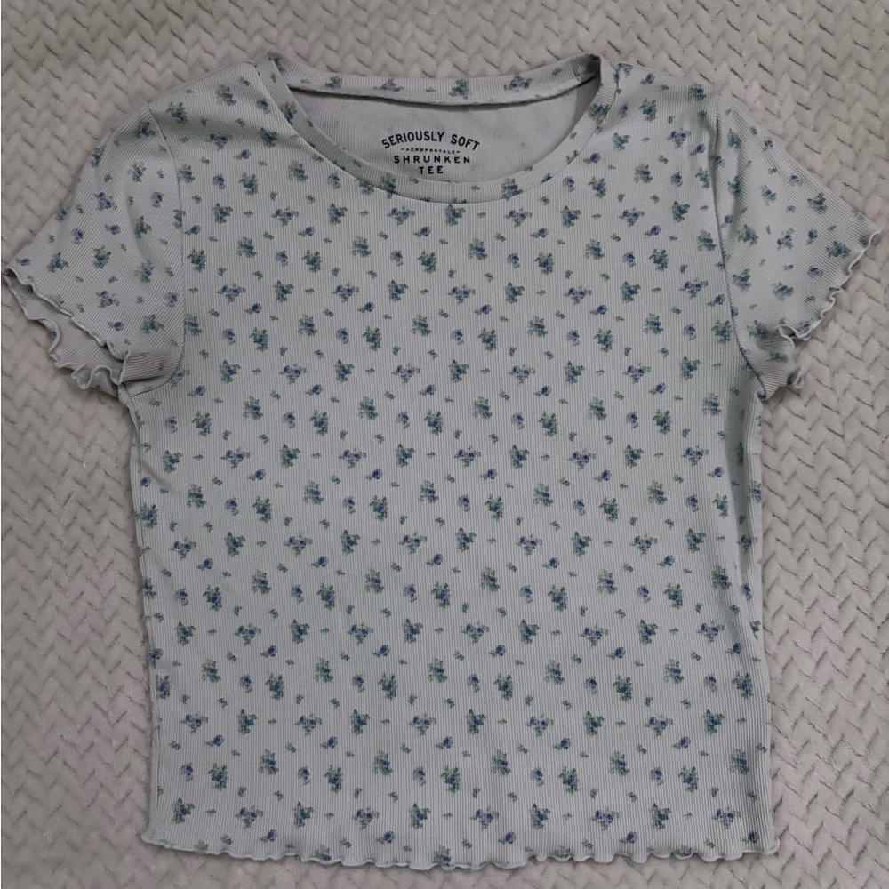 Aeropostale Light Blue Floral Ruffle-Hem Short Sleeve Tee